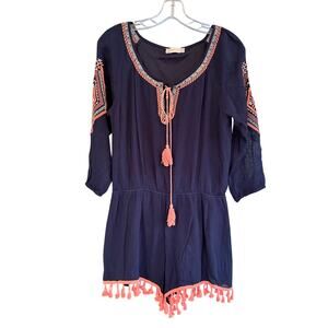 Altar'd State Navy Embroidered Romper Medium Coral Tassel Boho Festival